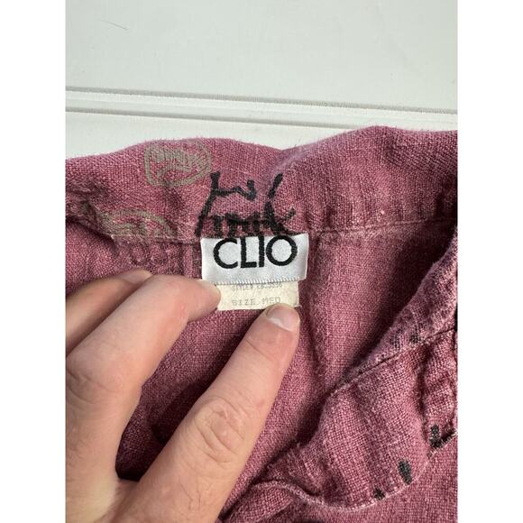 Vintage Y2K Clio Short Sleeve Wood Button Linen Top Maroon Asian Theme Medium - Picture 3 of 7